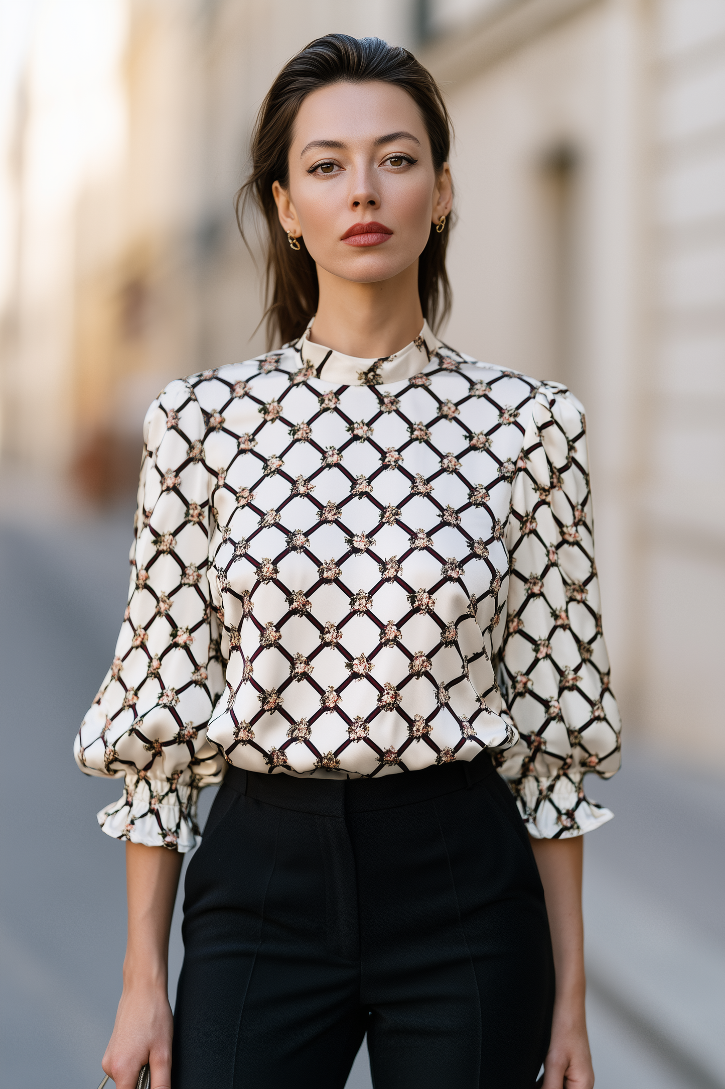 Geometric Floral Print Satin Blouse