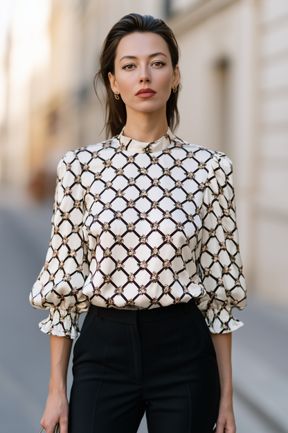 Geometric Floral Print Satin Blouse