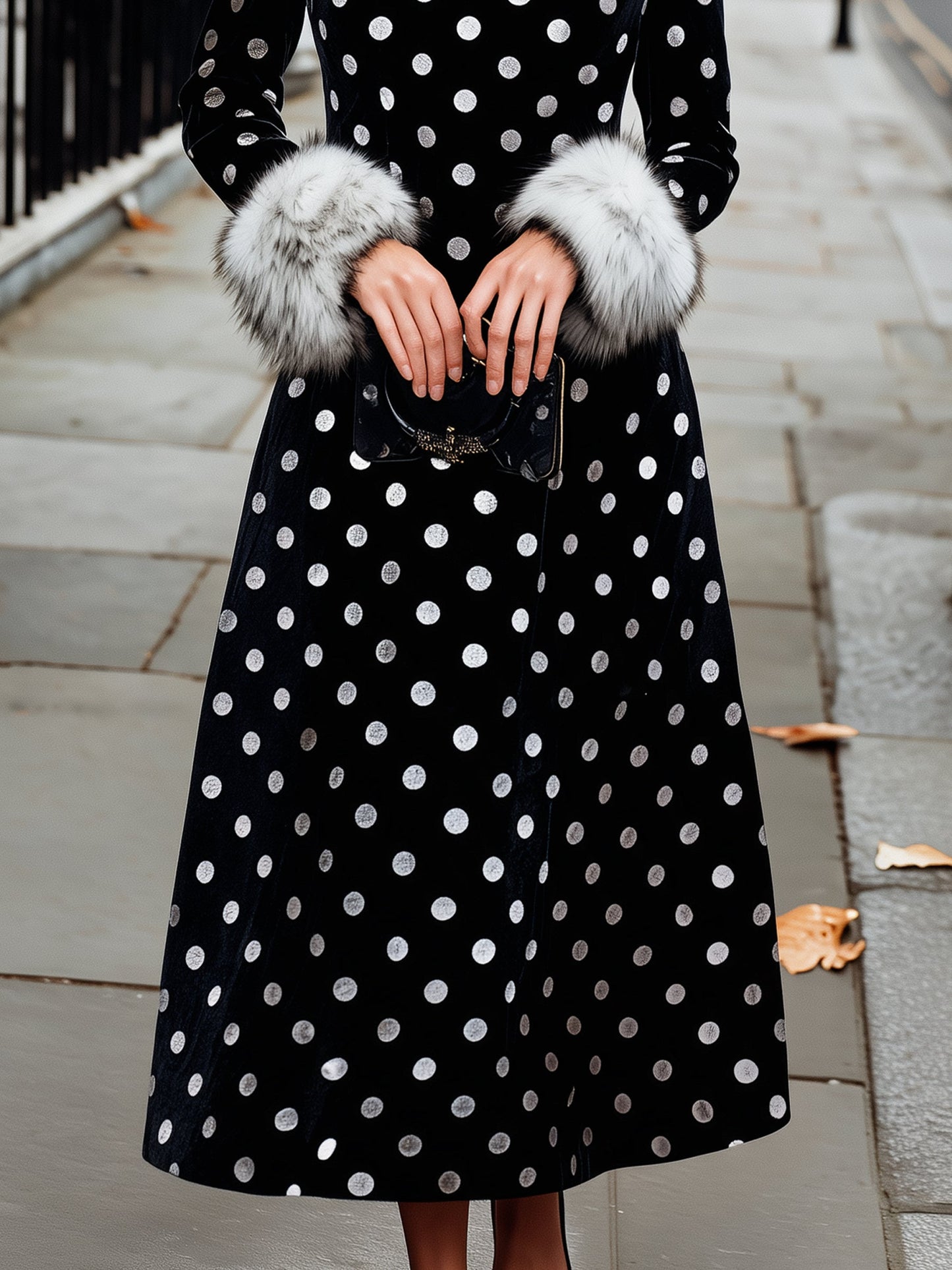 Polka Dot Velvet Fur-Cuff Maxi Dress