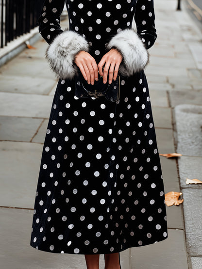 Polka Dot Velvet Fur-Cuff Maxi Dress