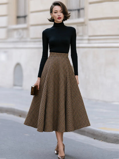 Houndstooth Print Contrast Turtleneck Long Sleeve Midi Dress