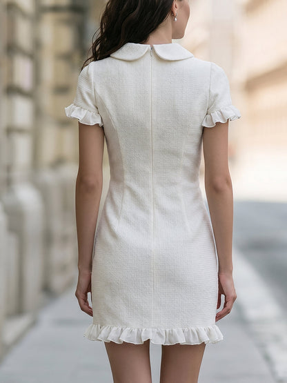 Elegant Ruffle Trim Pearl Button Mini Dress