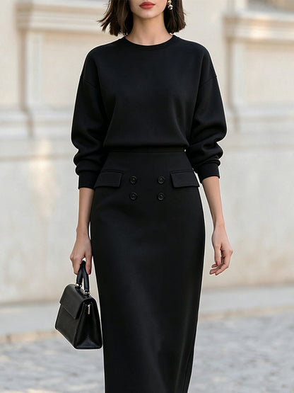 Crew Neck Sweatshirt & High Waist Double Button Midi Pencil Skirt  Set