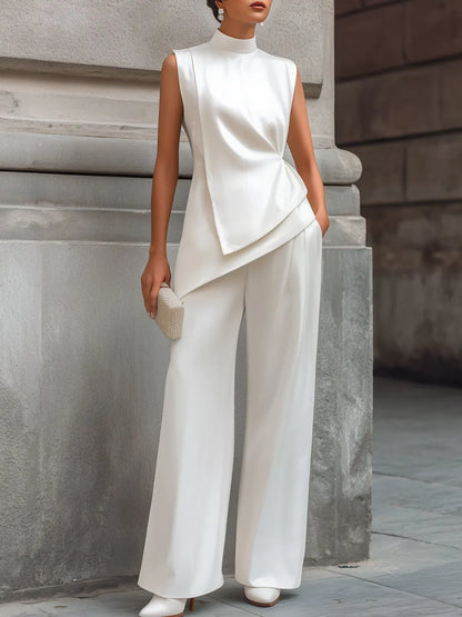 Asymmetrical Hem Satin Draped Blouse And Wide-Leg Pants Set