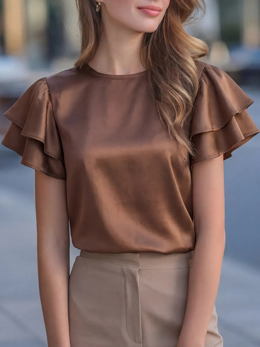 Double-Layer Ruffle-Sleeve Satin Blouse