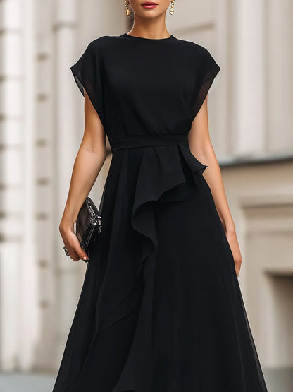 Asymmetric Ruffle High-Low Maxi Dress With Defined Waist