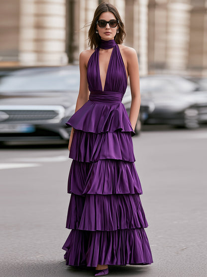 High Neck Halter Plunging V Bodice Ruched Waist Cascading Ruffle Tiered Long Dress