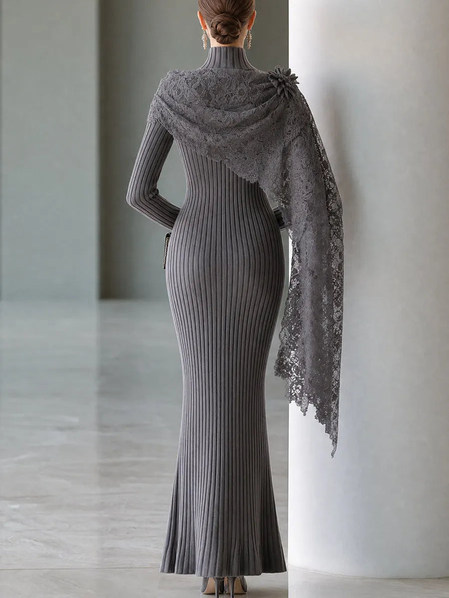 Lace-Draped Ribbed Knit Maxi Dress