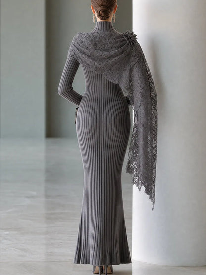 Lace-Draped Ribbed Knit Maxi Dress