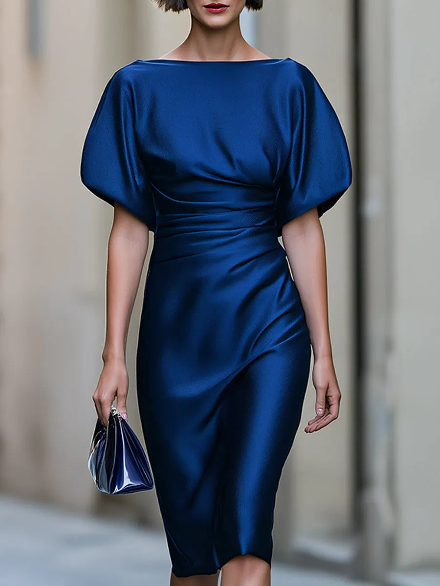 Ruched Batwing Sleeve Satin Midi Dress