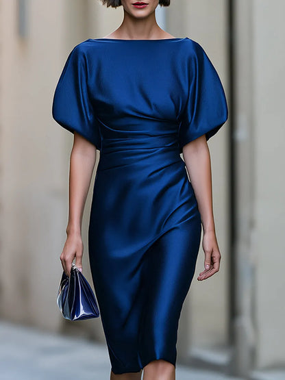 Ruched Batwing Sleeve Satin Midi Dress