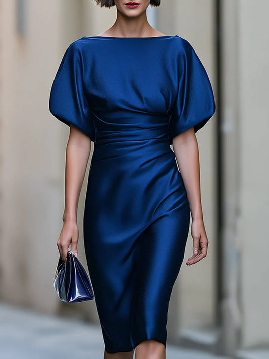 Ruched Batwing Sleeve Satin Midi Dress