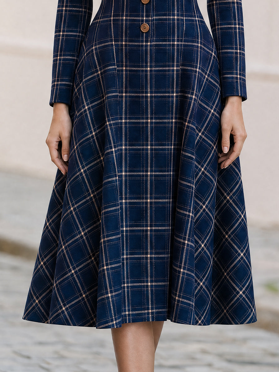 Notched Lapel Plaid Long Sleeve Button Front Fit & Flare Midi Dress