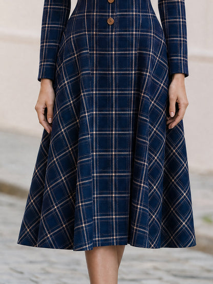 Notched Lapel Plaid Long Sleeve Button Front Fit & Flare Midi Dress
