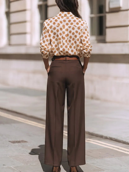 Polka Dot Button-Front Blouse With Tailored Wide-Leg Trousers Set