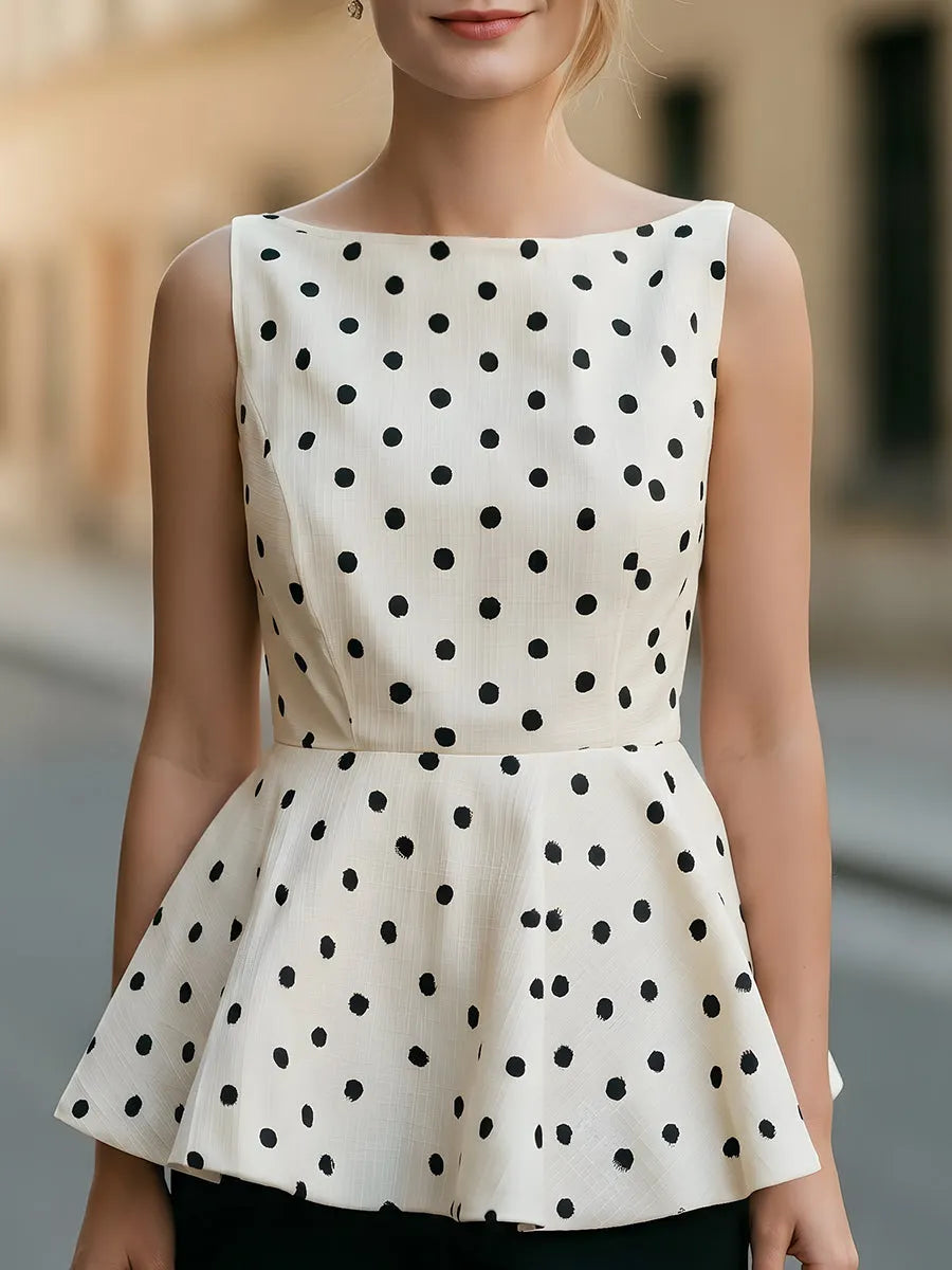 Polka Dot Sleeveless Boat Neck Peplum Top