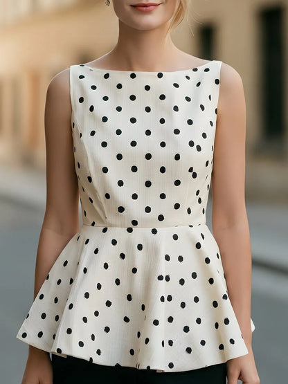 Polka Dot Sleeveless Boat Neck Peplum Top
