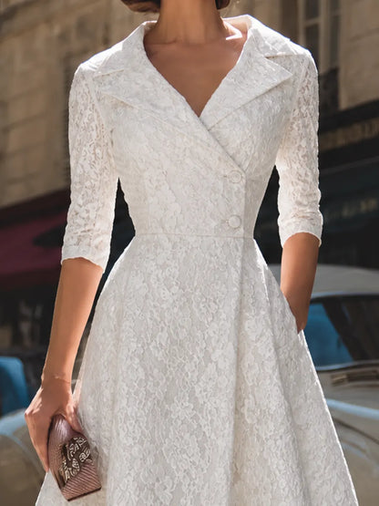Vintage Lace Notch Collar Fit-and-Flare Midi Dress