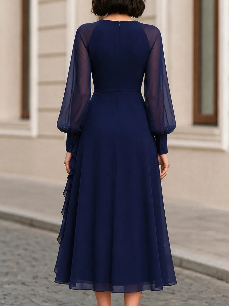 V-Neck Sheer Puff Long Sleeve Ruffle Slit Navy Chiffon Midi Dress
