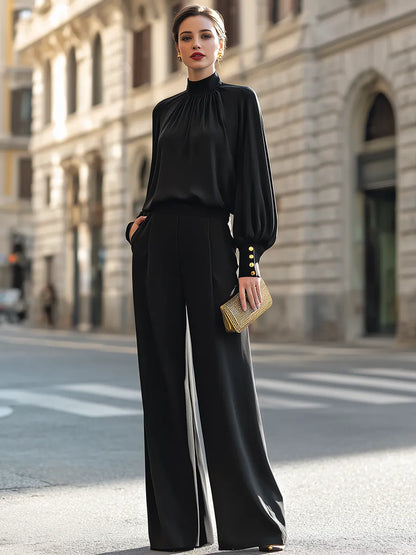 High-Neck Blouson Top And Wide-Leg Pants Set