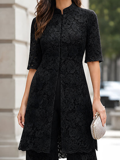 Floral Lace Longline Tunic And Wide-Leg Pants Set