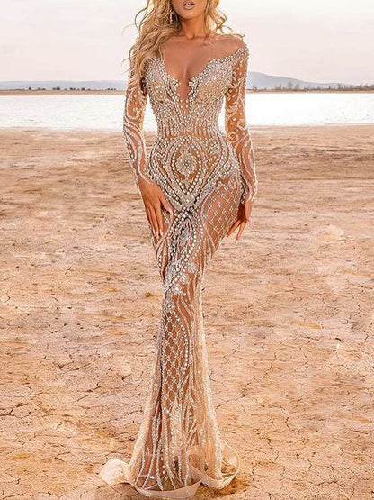 Sequined Off-The-Shoulder Maxi Dress