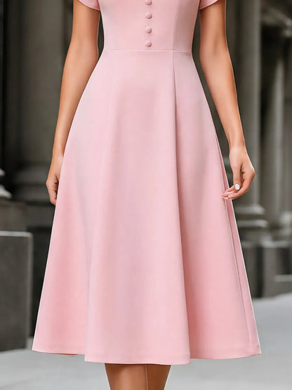 Stand-Collar Petal-Sleeve A-Line Midi Dress