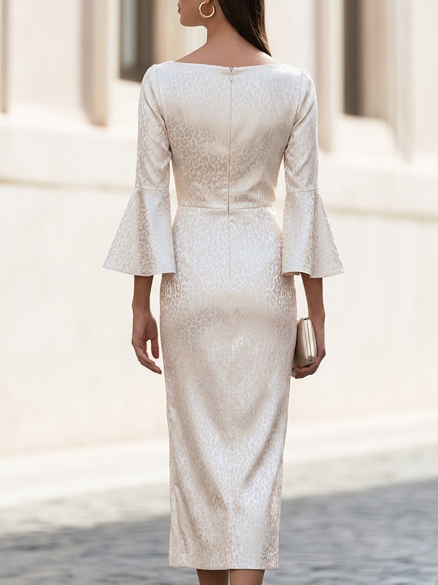 Mid-Length Dress Flared Sleeves Subtle Leopard-Print Jacquard Pattern