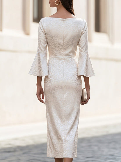 Mid-Length Dress Flared Sleeves Subtle Leopard-Print Jacquard Pattern