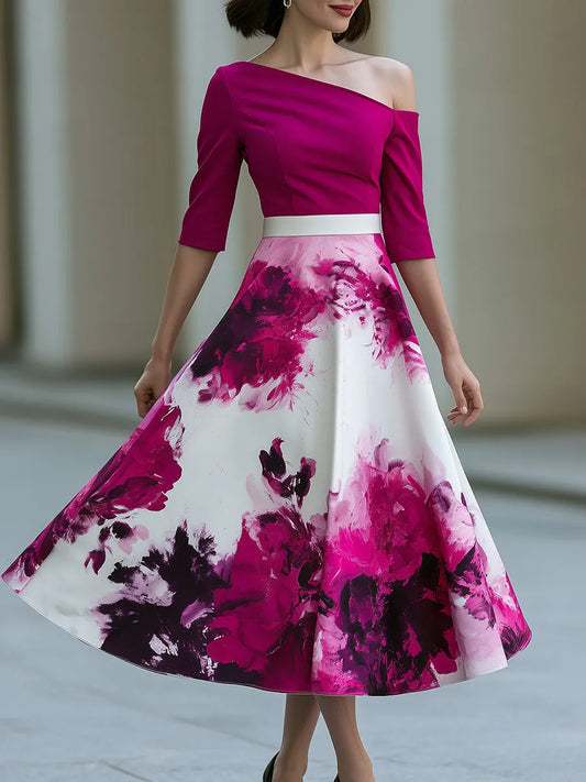 Robe midi trapèze à imprimé floral et à une épaule