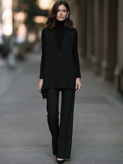 Turtleneck Knit Top, Deep V Sleeveless Tunic And Wide-Leg Trouser Three-Piece Set