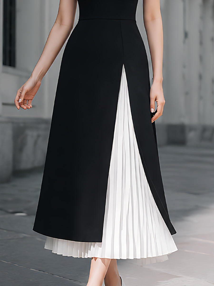 Contrast Pleated Panel Sleeveless Maxi Dress
