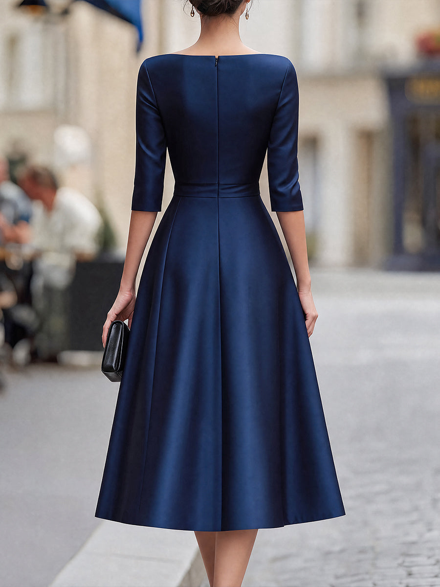 Draped Boat-Neck Pleated Midi Dress