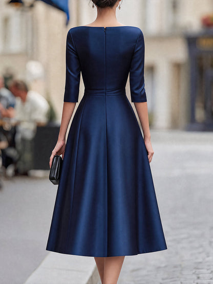 Draped Boat-Neck Pleated Midi Dress