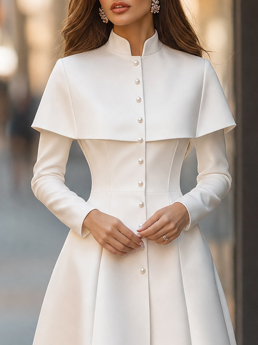 Cape-Overlay Pearl Button High-Neck Midi Dress