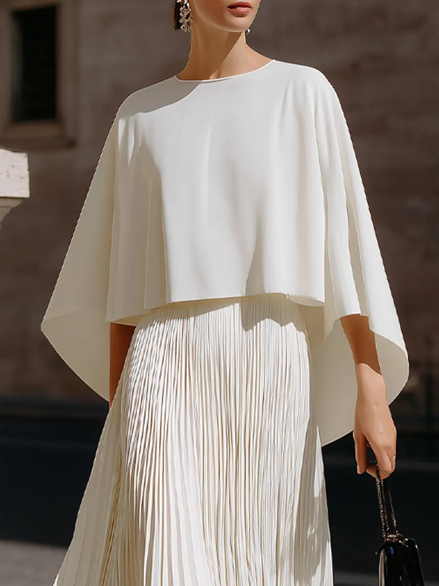 Flowing Cape Sleeve Pleated Maxi Dress