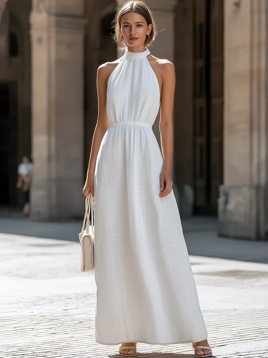 Sleeveless Halter Neck Flowing Maxi Dress