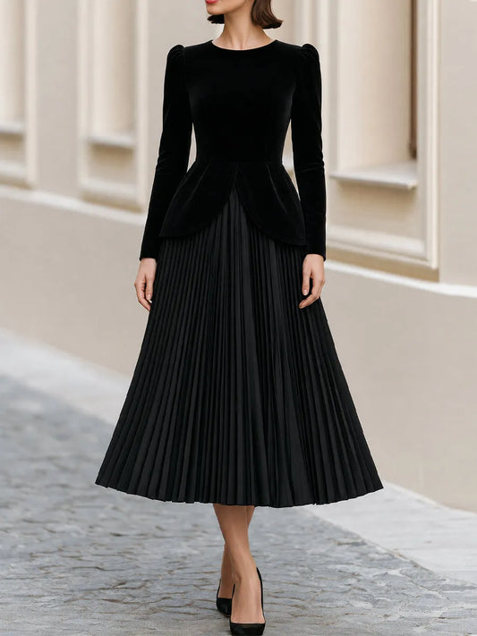 Robe chic du soir col rond, top peplum velours et jupe midi plissée