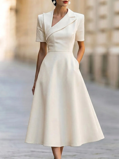 Asymmetric Lapel Short Sleeve Fit-and-Flare Midi Dress
