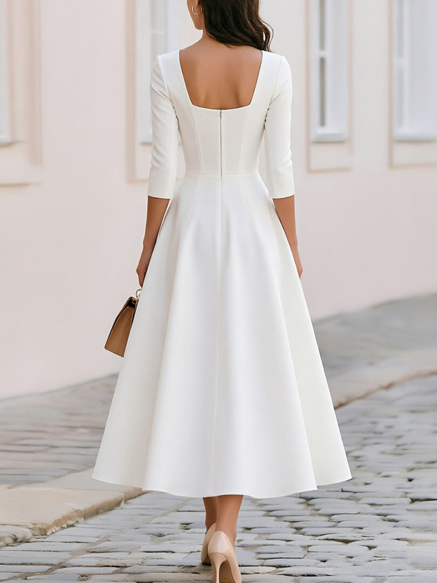 Square Neck 3/4 Sleeve Corset Seam Fit & Flare Midi Dress