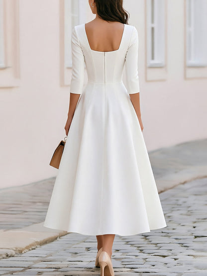 Square Neck 3/4 Sleeve Corset Seam Fit & Flare Midi Dress