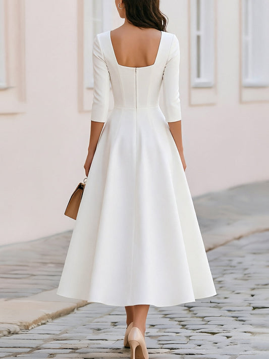 Square Neck 3/4 Sleeve Corset Seam Fit & Flare Midi Dress