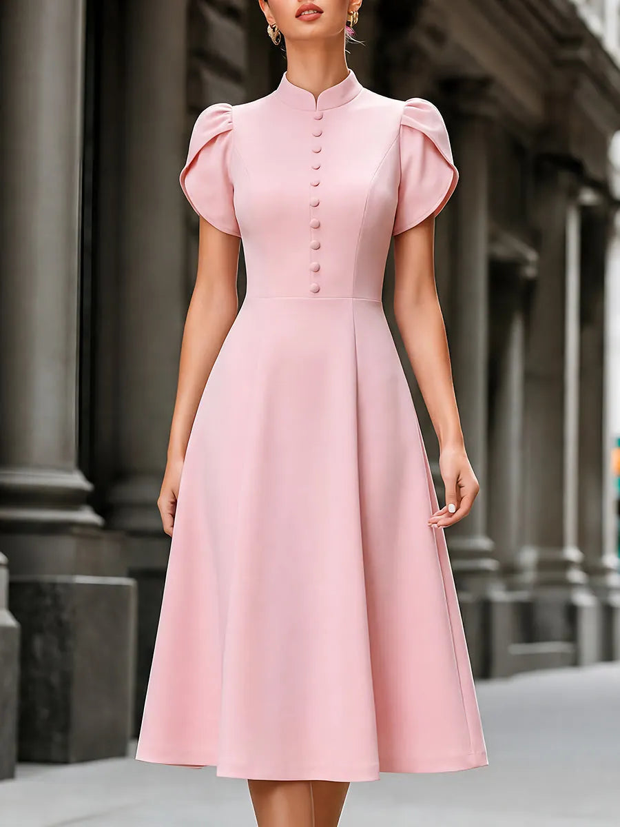Stand-Collar Petal-Sleeve A-Line Midi Dress