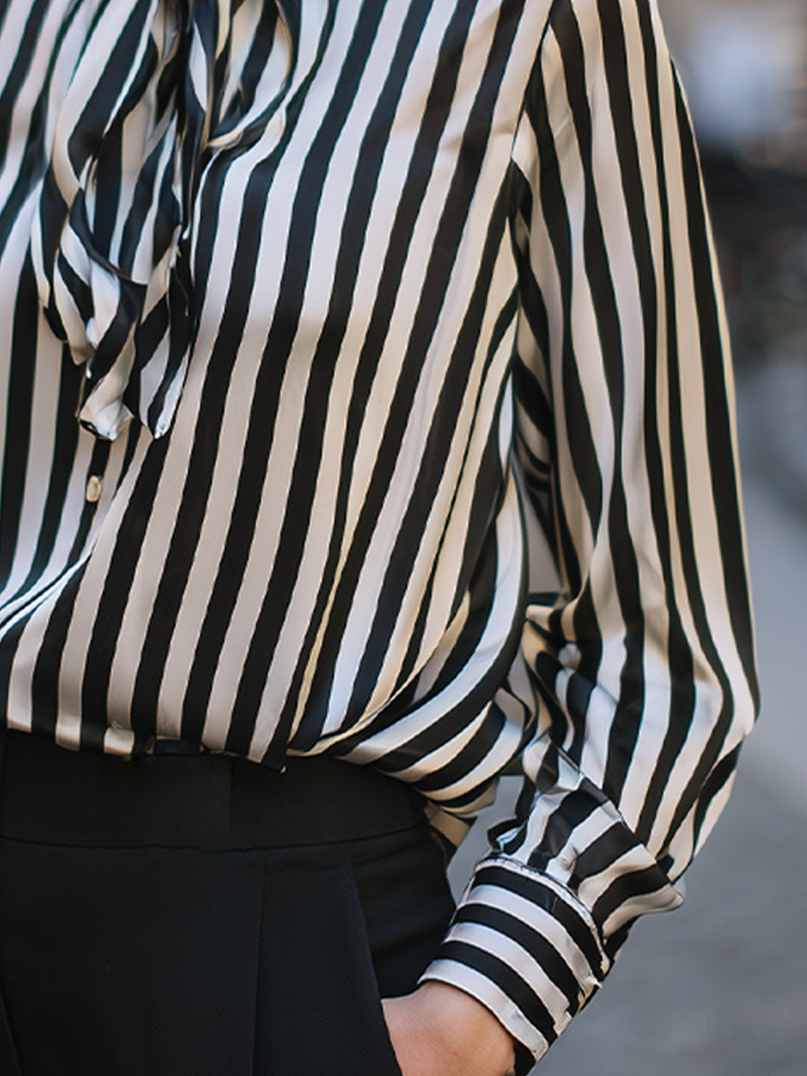Tie-Neck Vertical Stripe Long Sleeve Blouse