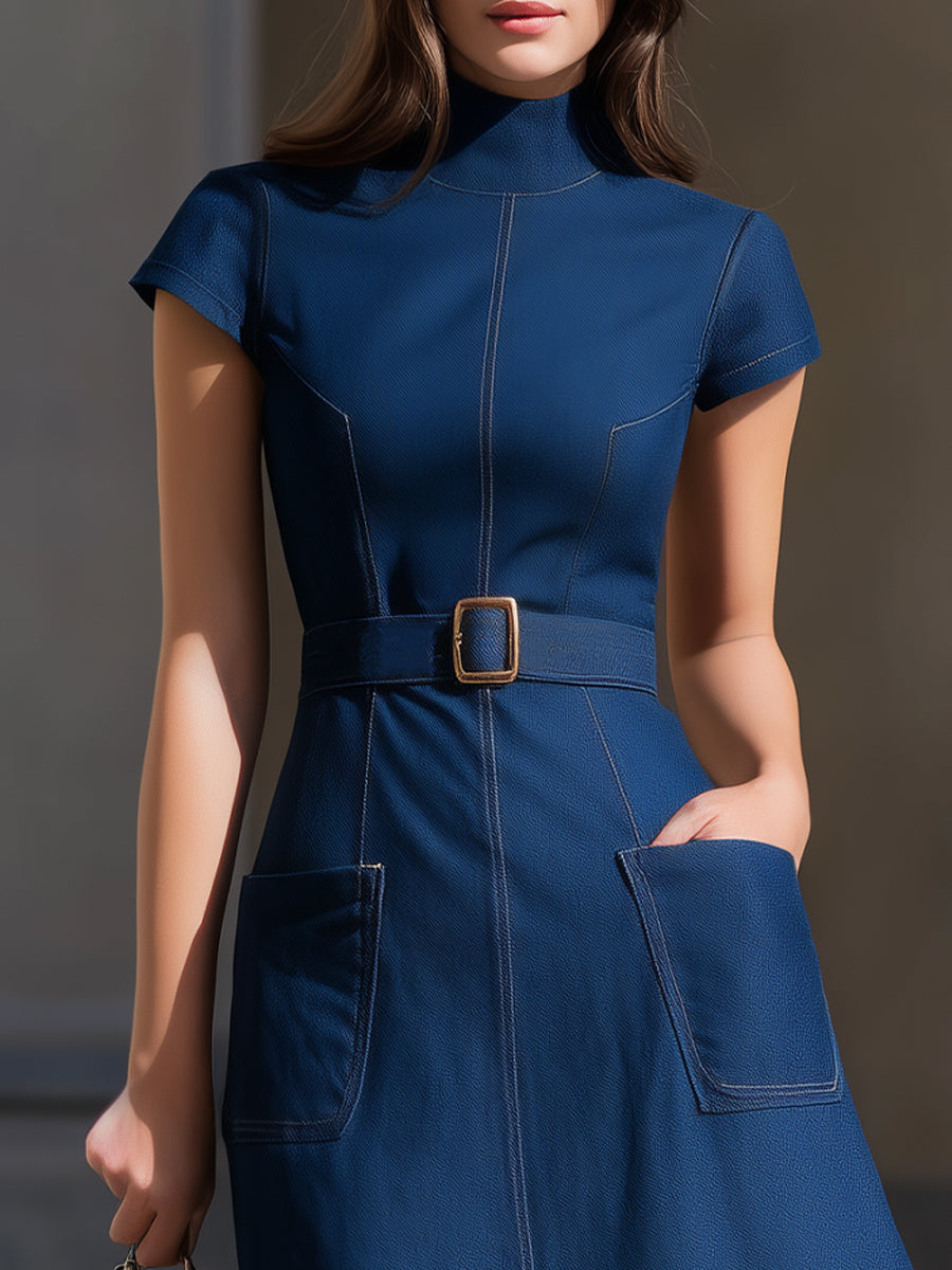 High-Neck Short-Sleeve Denim Fit-and-Flare Mini Dress With Belt & Pockets