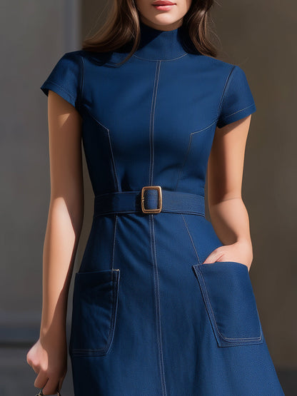 High-Neck Short-Sleeve Denim Fit-and-Flare Mini Dress With Belt & Pockets