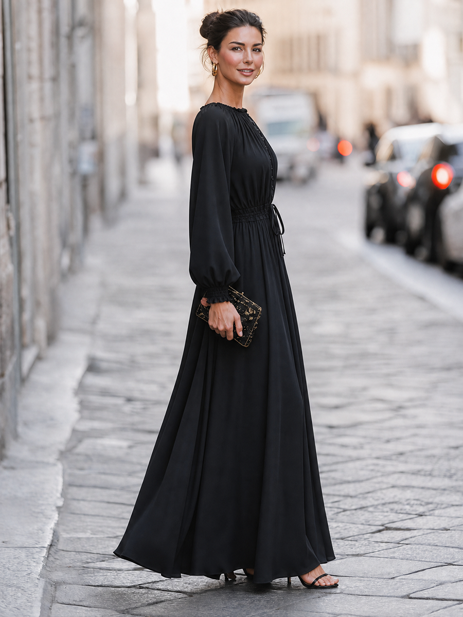 Button-Front Drawstring-Waist Maxi Dress With Balloon Sleeves