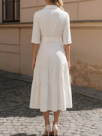 Lapel Collar 3/4 Sleeve Self-Tie Belt Button Front Tiered Midi Shirt Dress