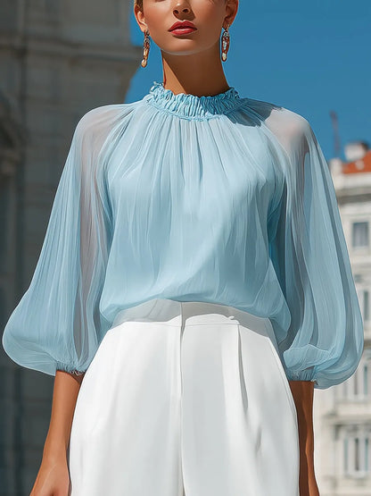 Sheer Pleated High-Neck Blouson Sleeve Blouse