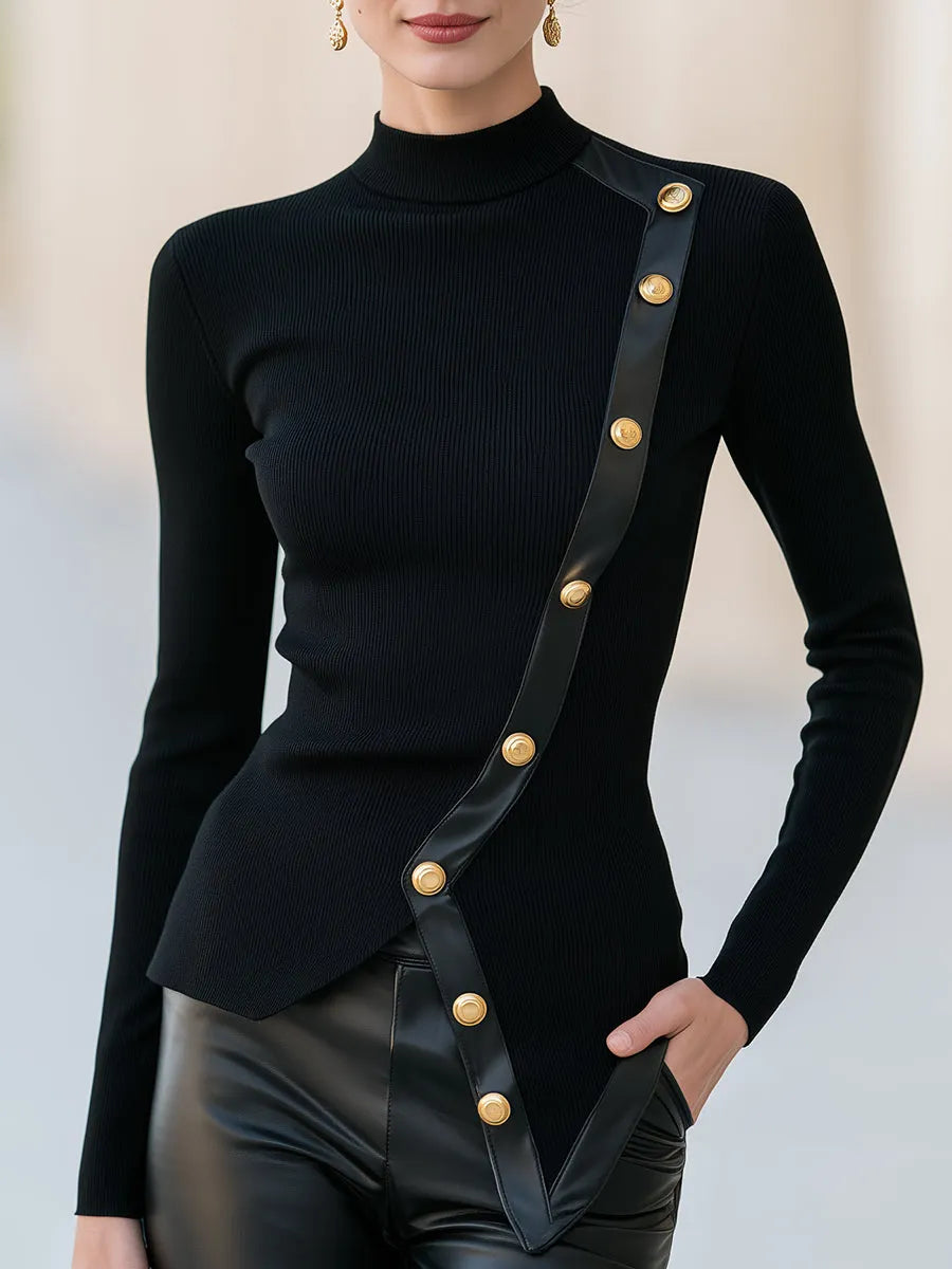Asymmetric Button-Trim Mock-Neck Knit Top
